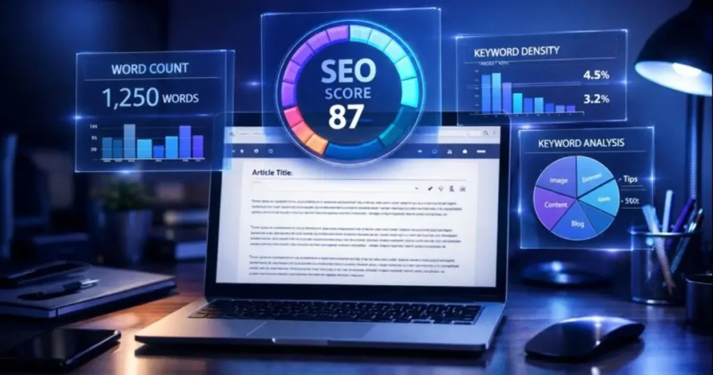 Alefzon advanced word counter tool interface showing text analysis and SEO charts.