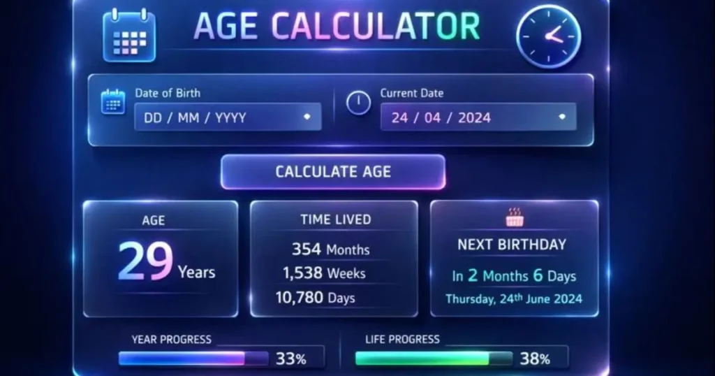Futuristic Age Calculator tool interface with glassmorphism design, dark blue background, and neon glowing elements showing years, months, and weeks breakdown.